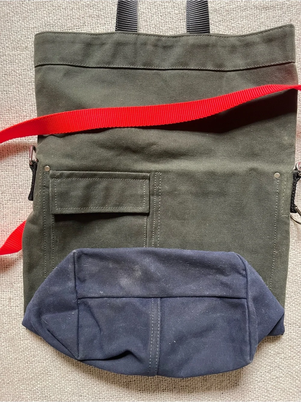 Chester Wallace Green Canvas Tote with Navy Base and Orange Strap